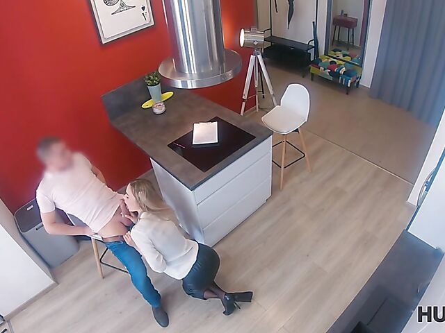 Slim blonde realtor in stockings Polina Maxim sucks and fucks in front of her boyfriend