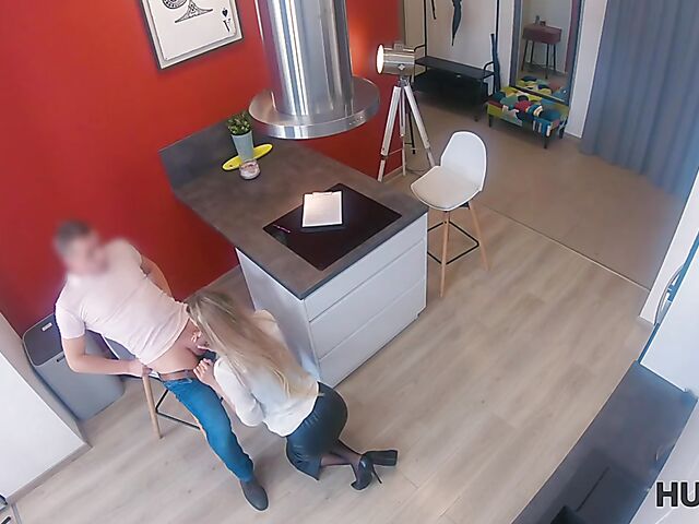 Slim blonde realtor in stockings Polina Maxim sucks and fucks in front of her boyfriend