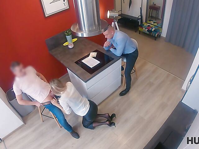 Slim blonde realtor in stockings Polina Maxim sucks and fucks in front of her boyfriend