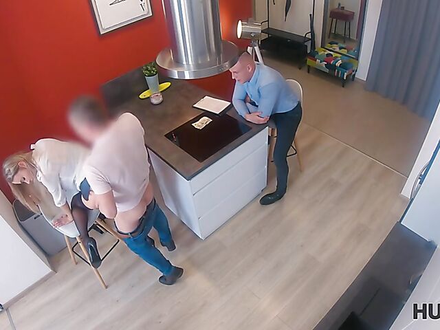 Slim blonde realtor in stockings Polina Maxim sucks and fucks in front of her boyfriend