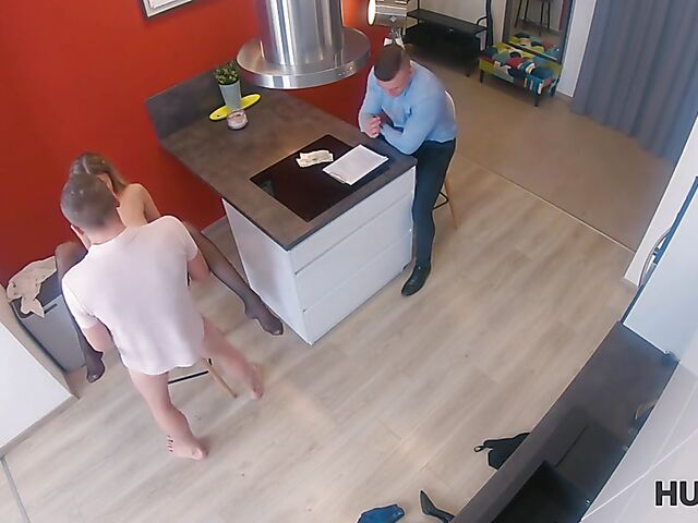 Slim blonde realtor in stockings Polina Maxim sucks and fucks in front of her boyfriend