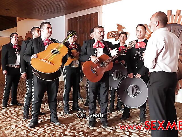 Mexican gangbang cuckold session with the mariachis fucking Emily Thorne as her older husband watches