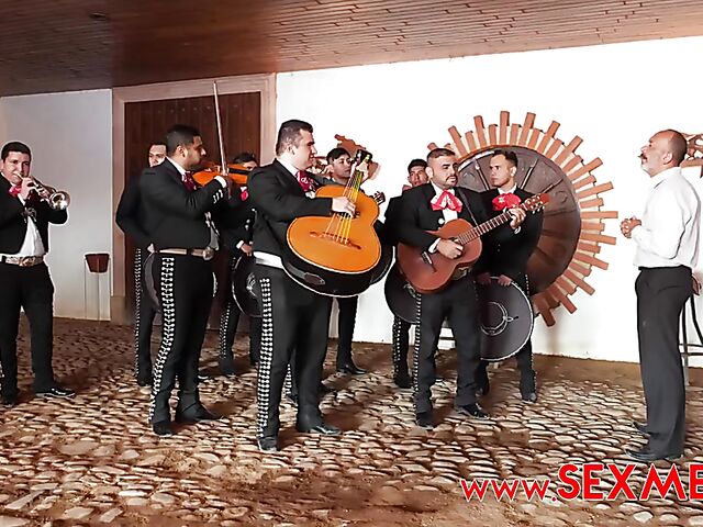 Mexican gangbang cuckold session with the mariachis fucking Emily Thorne as her older husband watches