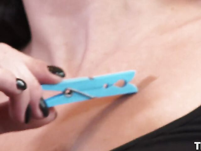 Solo nipple play with clothespins makes Dolly Diore horny
