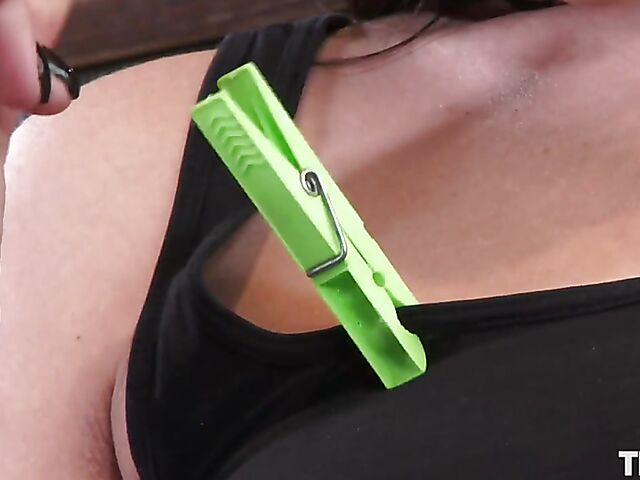 Solo nipple play with clothespins makes Dolly Diore horny