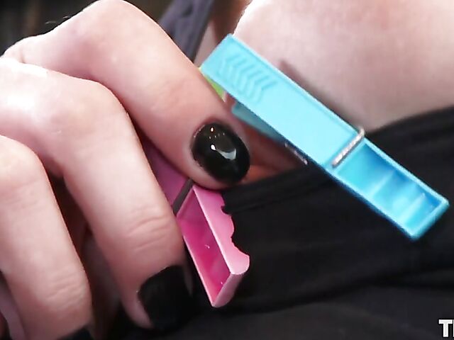 Solo nipple play with clothespins makes Dolly Diore horny