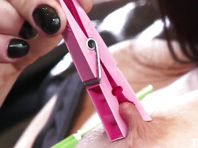 Solo nipple play with clothespins makes Dolly Diore horny