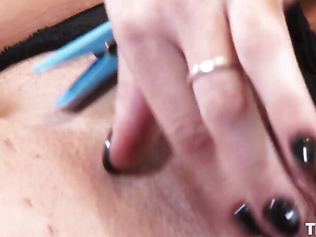 Solo nipple play with clothespins makes Dolly Diore horny