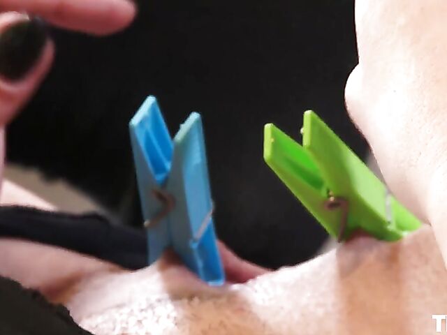 Solo nipple play with clothespins makes Dolly Diore horny