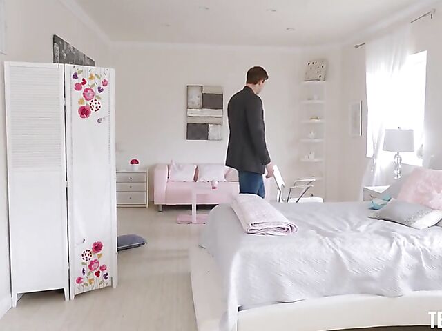 Petite blonde schoolgirl Jamie Jett gets nailed by a tall guy