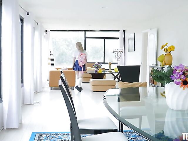 Petite blonde schoolgirl Jamie Jett gets nailed by a tall guy