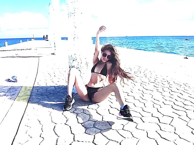 Irene Rouse - Exotic bikini babe posing by the sea and shower masturbation