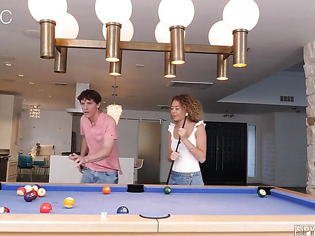 Spycam pool table fuck with petite curly hair girl Allie Addison
