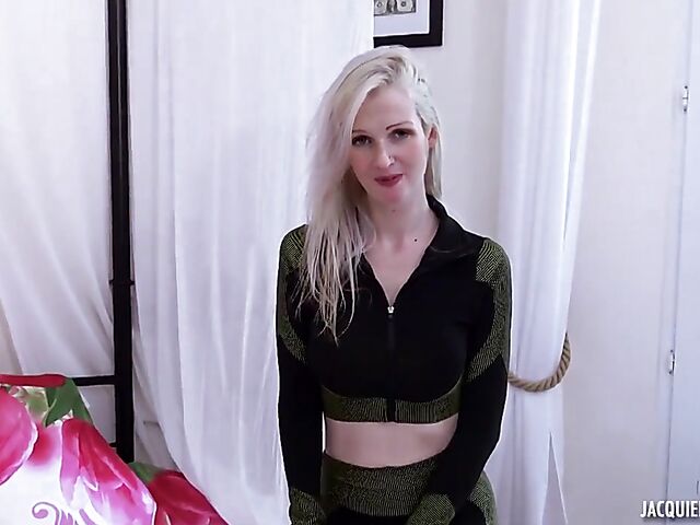 French pale blonde Jade fucks for the camera in the bedroom