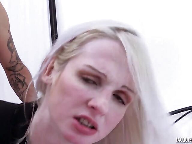 French pale blonde Jade fucks for the camera in the bedroom