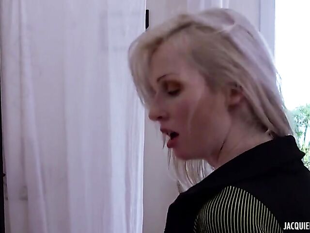 French pale blonde Jade fucks for the camera in the bedroom