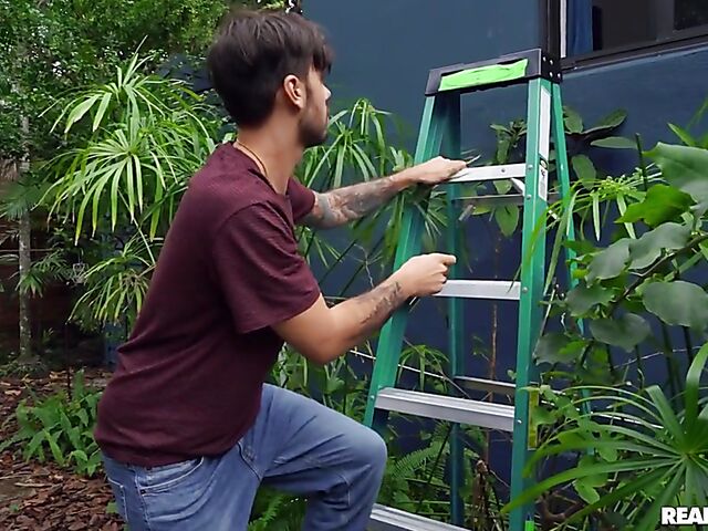 Pillow humping tattooed teen Val Steele fucks the peeping tom