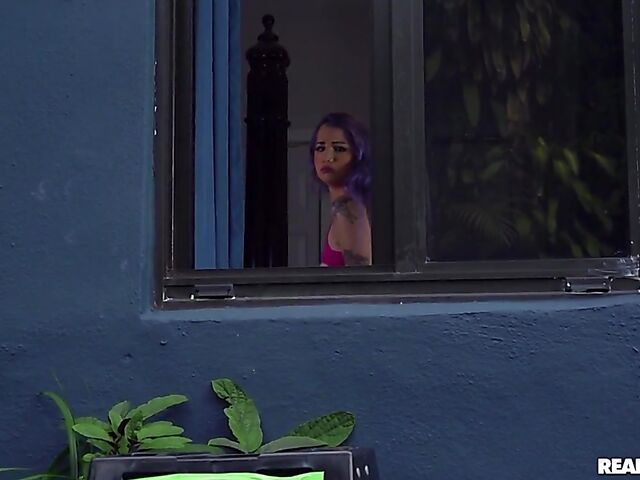 Pillow humping tattooed teen Val Steele fucks the peeping tom