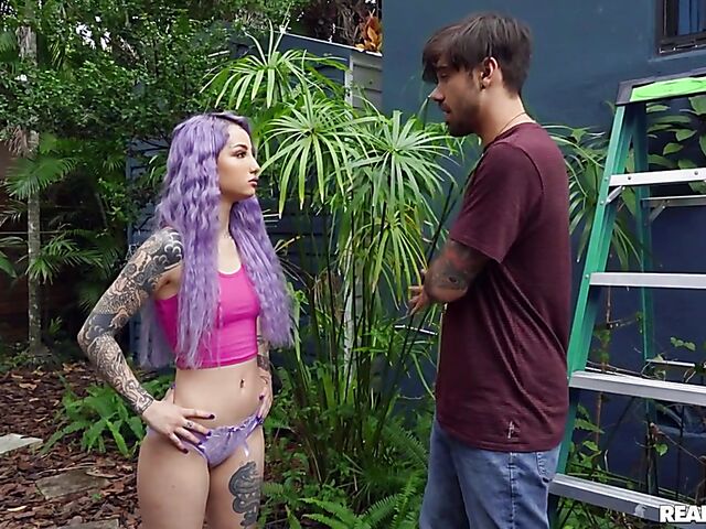 Pillow humping tattooed teen Val Steele fucks the peeping tom