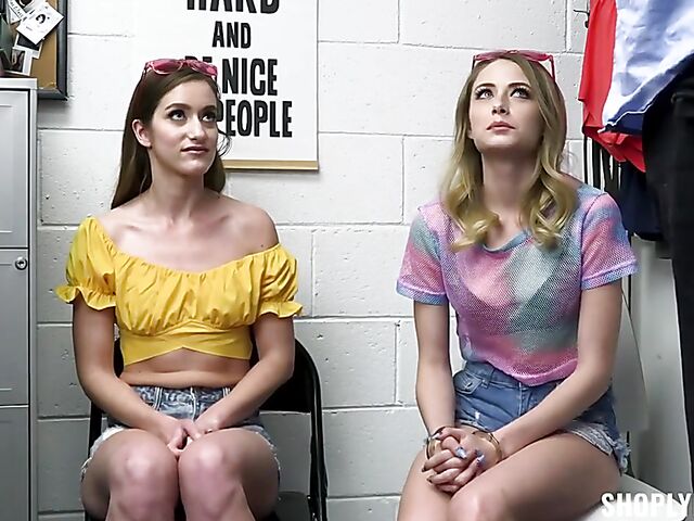 Interracial threesome with two cute shoplifters Kyler Quinn and Nadia Noja