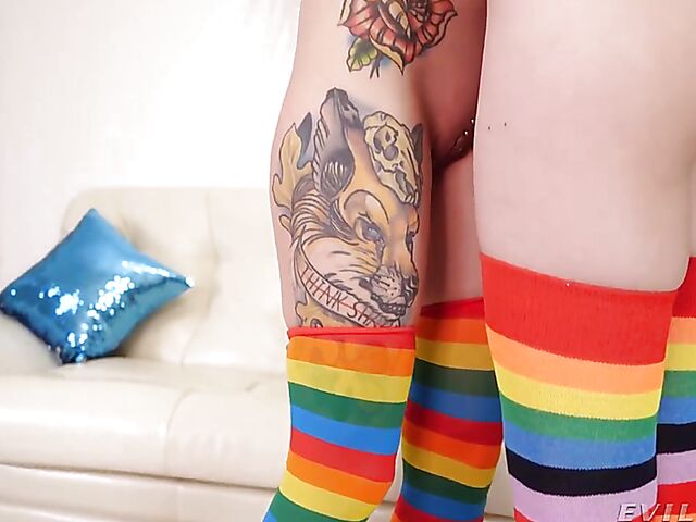 Purple Bitch & Sia Siberia - Lesbian strapon anal in rainbow stockings