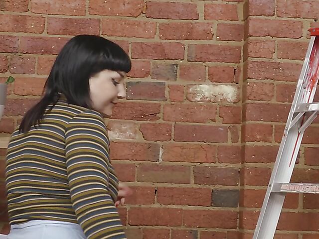 Chubby Ginny finger squirt on the ladder