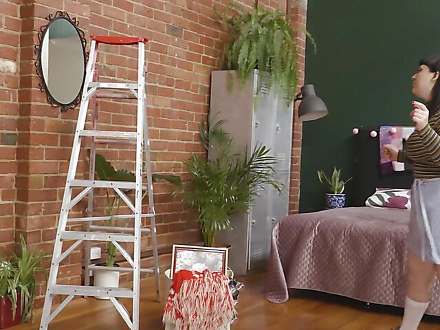 Chubby Ginny finger squirt on the ladder