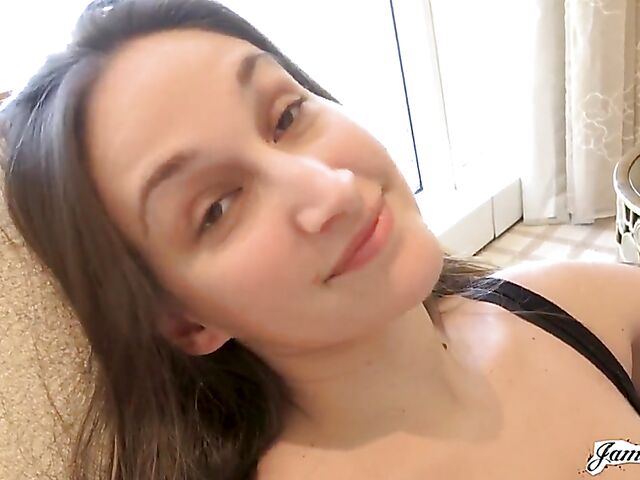 James Deen pounds Mystica Jade's shaved pussy for the camera