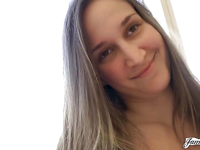 James Deen pounds Mystica Jade's shaved pussy for the camera