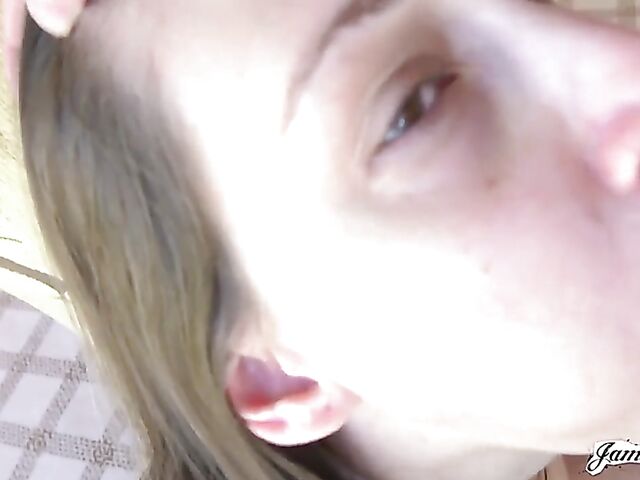 James Deen pounds Mystica Jade's shaved pussy for the camera