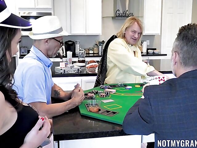 Nicole Sage and three old men gangbang on the poker table