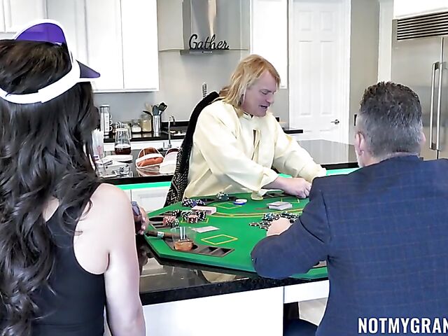 Nicole Sage and three old men gangbang on the poker table