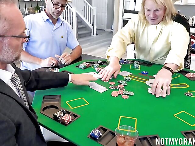 Nicole Sage and three old men gangbang on the poker table
