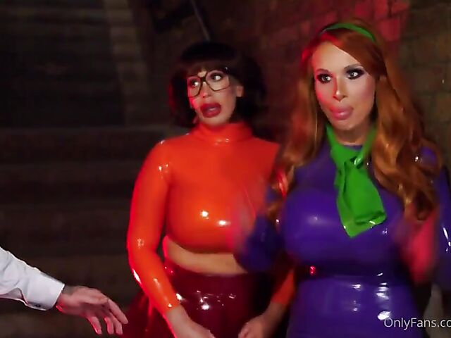 Cosplay latex threesome with huge tits milfs Rebecca More and Sophie Anderson