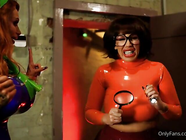 Cosplay latex threesome with huge tits milfs Rebecca More and Sophie Anderson