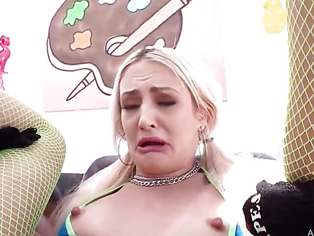 Zoe Sparx & Erin Everheart - One guy two girls anal in fishnets