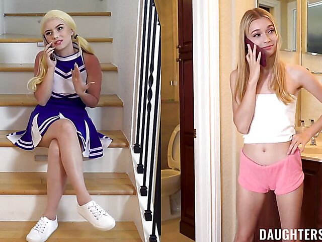 Teen cheerleader girls Jessica Marie and Aria Banks fuck stepdads