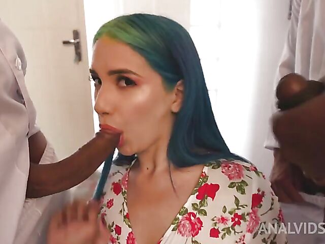 Blue-haired Min Galilea gets to know that 3 cocks anal gang bang is a cute-all wonder