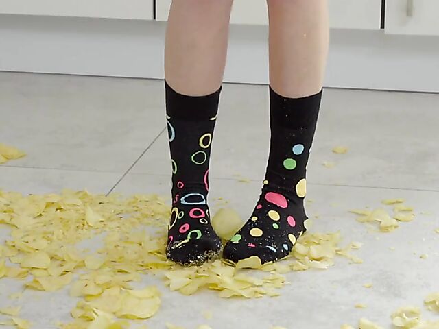 Eyla Moore - Dirty slim babe solo on the kitchen floor with potato chips all around