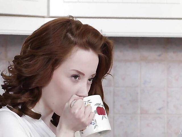 Lottie Magne - Pale skinny solo girl drinking tea and fingering herself in the kitchen