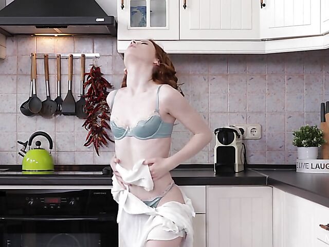 Lottie Magne - Pale skinny solo girl drinking tea and fingering herself in the kitchen