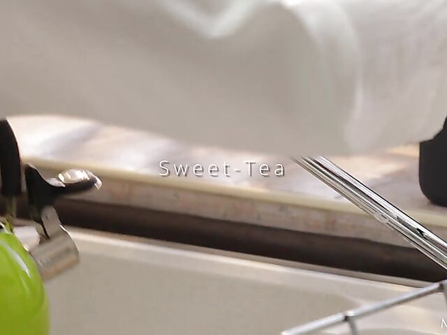 Lottie Magne - Pale skinny solo girl drinking tea and fingering herself in the kitchen