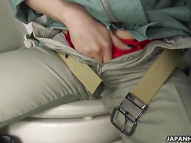 Big tits Japanese cleaning girl Maki Koizumi dildos her cunt on the toilet for a lucky guy