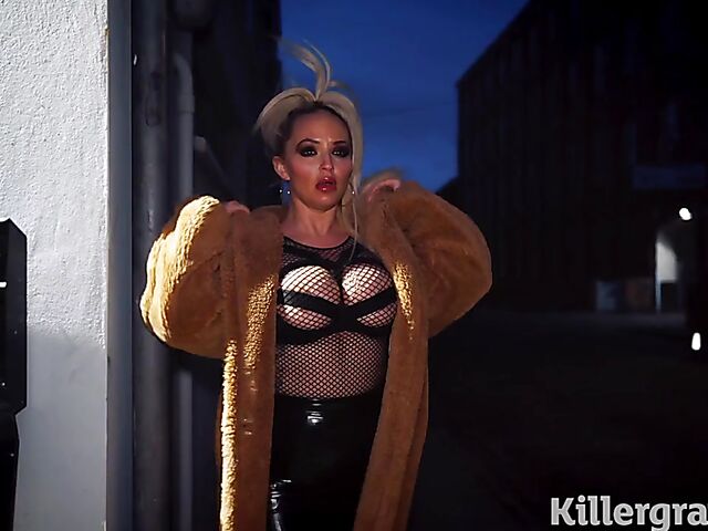 Louise Lee - Well-endowed street whore in a latex skirt gets picked up