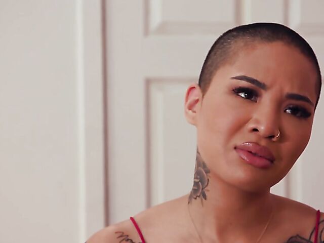 Skye Blue's shaved head lesbian roommate Honey Gold lights her fire