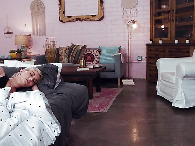 Skye Blue's shaved head lesbian roommate Honey Gold lights her fire