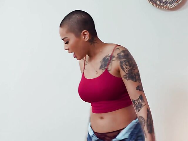 Skye Blue's shaved head lesbian roommate Honey Gold lights her fire