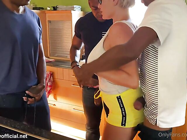 Big tits interracial gangbang and cum on Angel Wicky's glasses in the kitchen