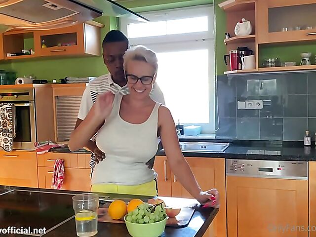 Big tits interracial gangbang and cum on Angel Wicky's glasses in the kitchen