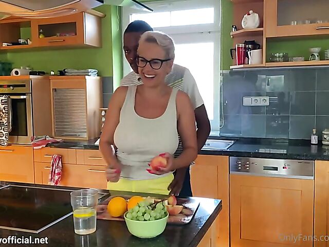 Big tits interracial gangbang and cum on Angel Wicky's glasses in the kitchen